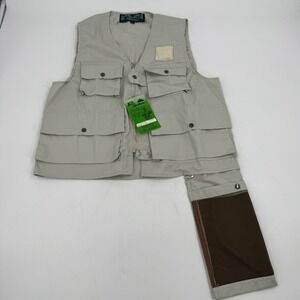 Vintage Pacific Sportswear Mens Fishing Vest Tan Drop Down‎ Zip Off Creel Size S